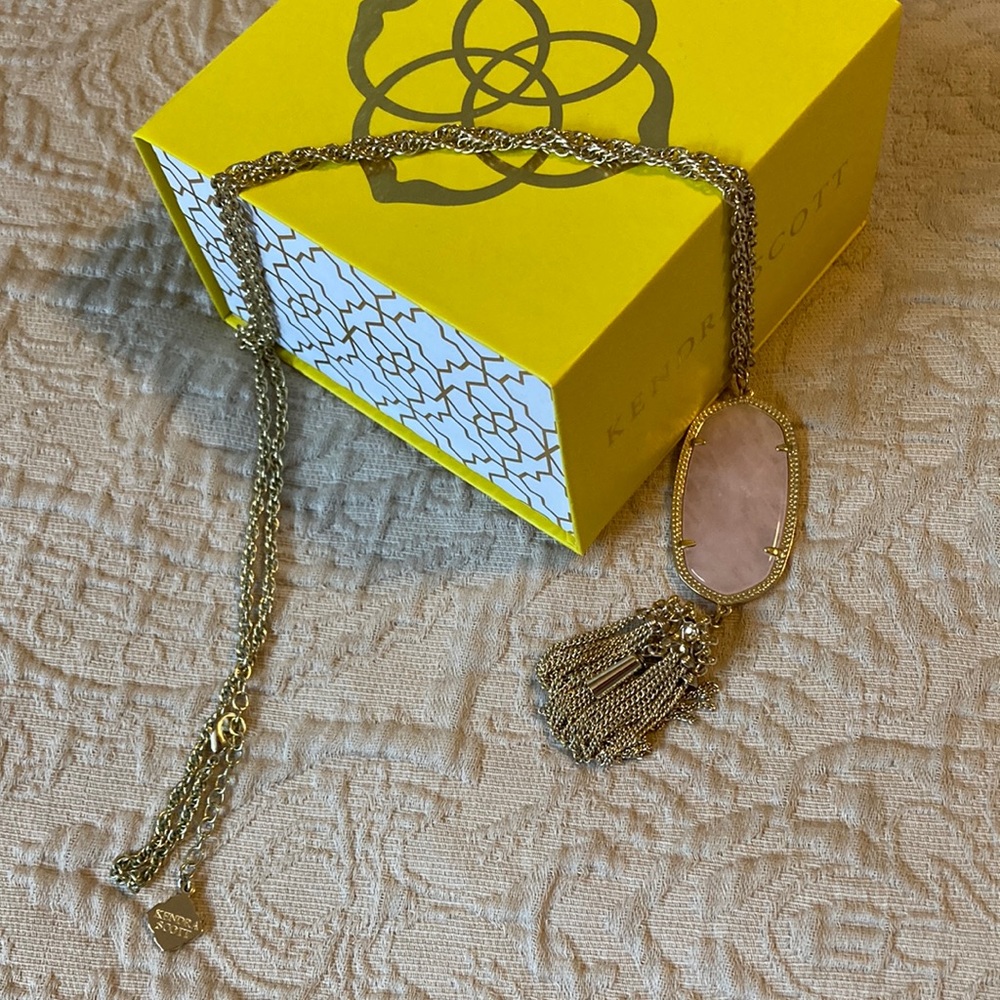Kendra Scott Rose Quartz Rayne Tassel Necklace with Gold Hardware